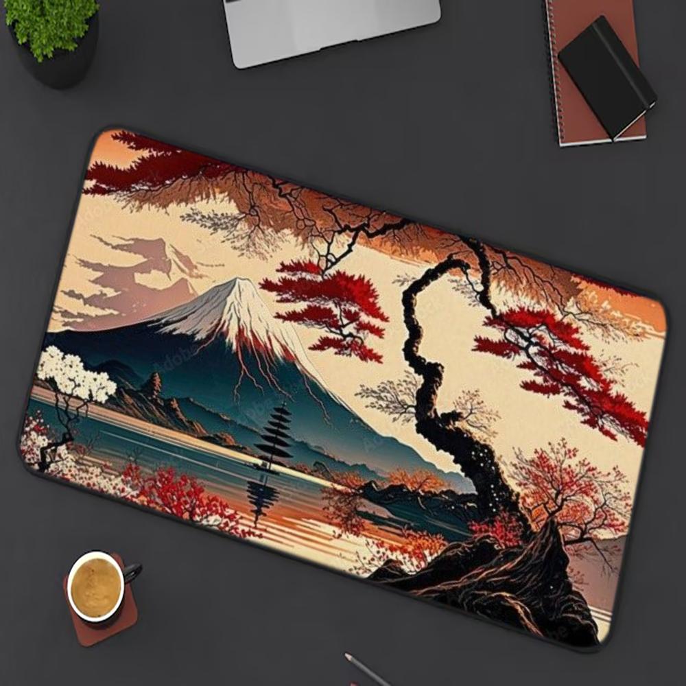 Retro Gaming Desk - Ukiyo-e Red Maple Mount Fuji Large