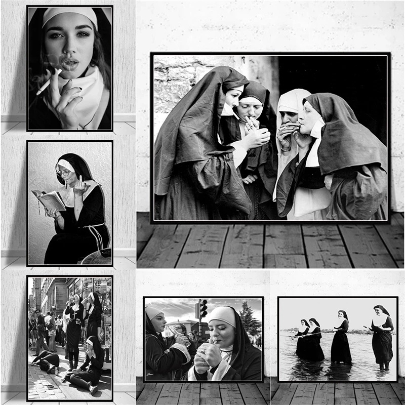 Retro Gaming Pictures - Smoking Sexy Nun Painting Poster Vintage